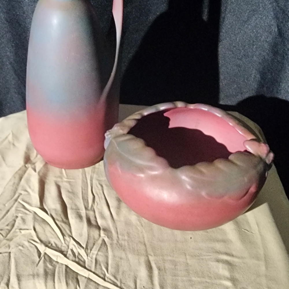 Pink and Gray Ceramic Vase and Bowl Set